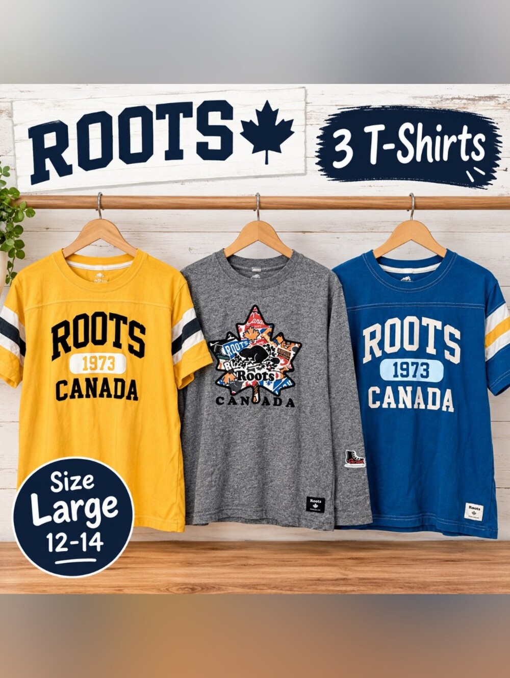Roots Kids 3-Pack EUC shirts in Yellow, Gray & Blue - Large